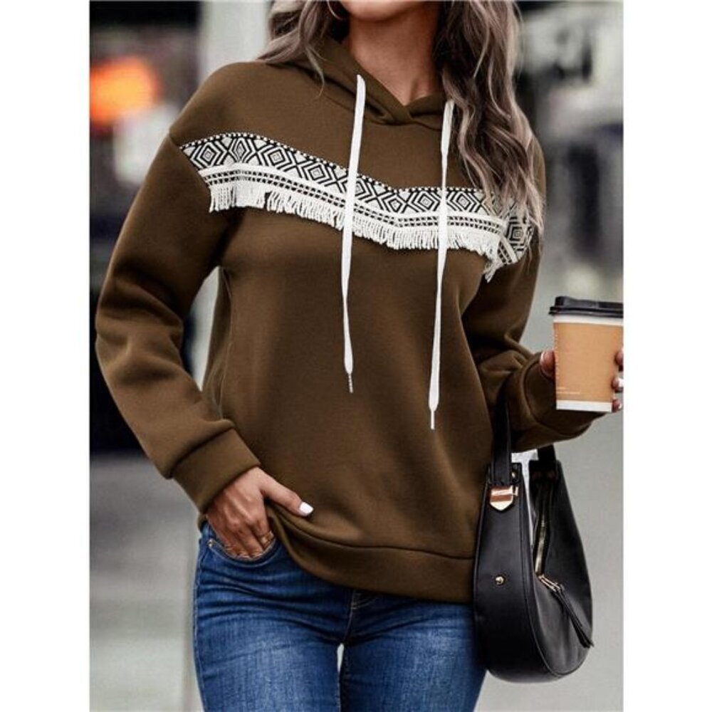 Fringe Detail Long Sleeve Drawstring Hoodie